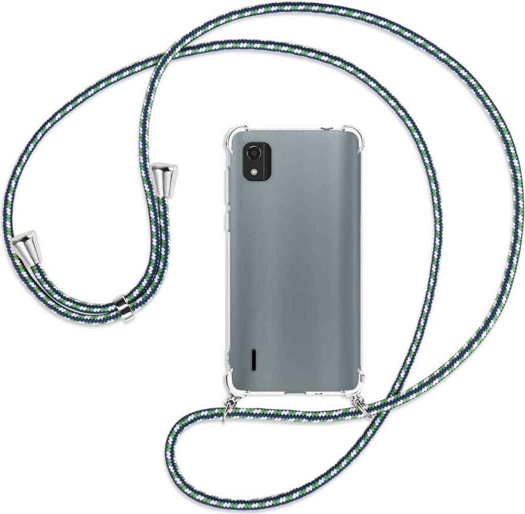 Handykette Backcover-Schutzhülle mit Band (Metall silberfarben) für Nokia C2 2nd Edition 2022 (TA-1468) - grün/blau/weiß