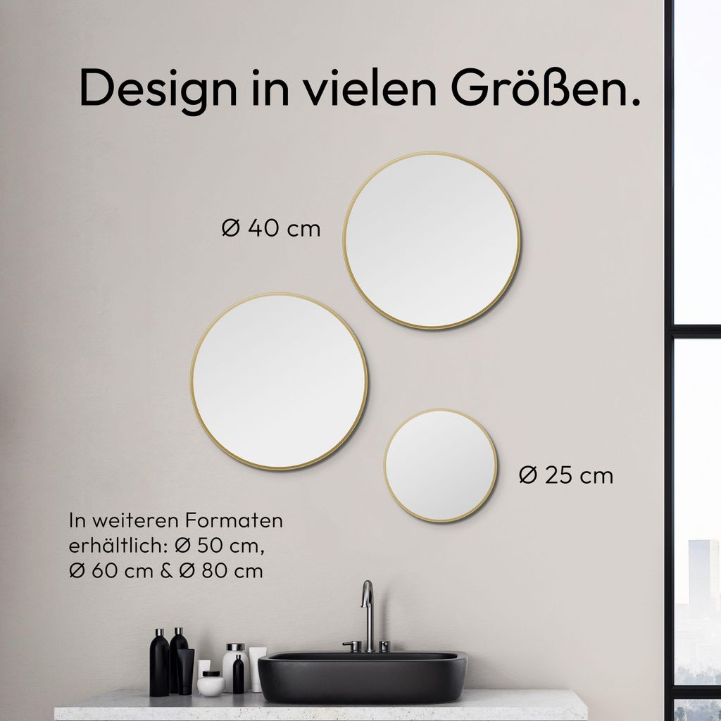 Wandspiegel 40 cm, rund, matt gold, Aluminiumrahmen Produktbild 