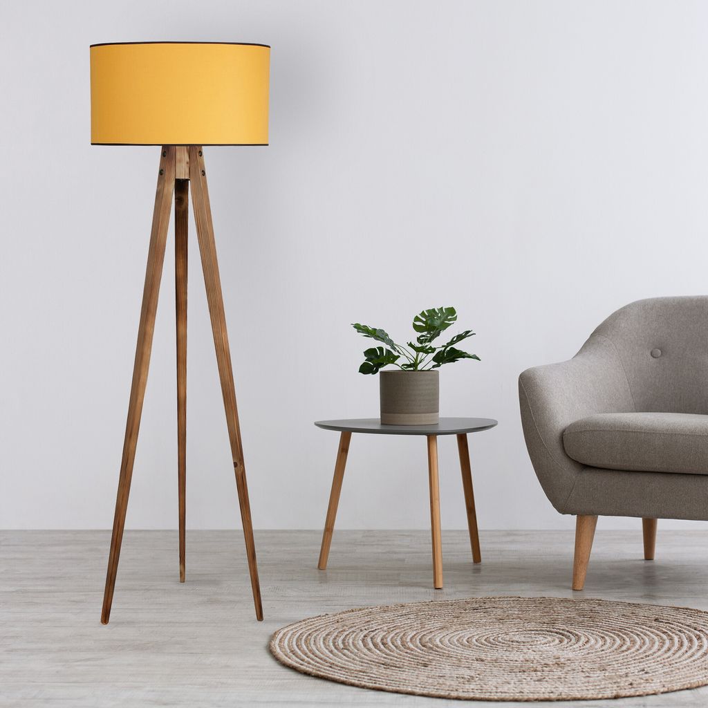 Opviq, Tripod- Tripod Yanık Lambader Silindir Hardal AbajurluLUN, Braun,Senf, Stehlampen, Holzkörper