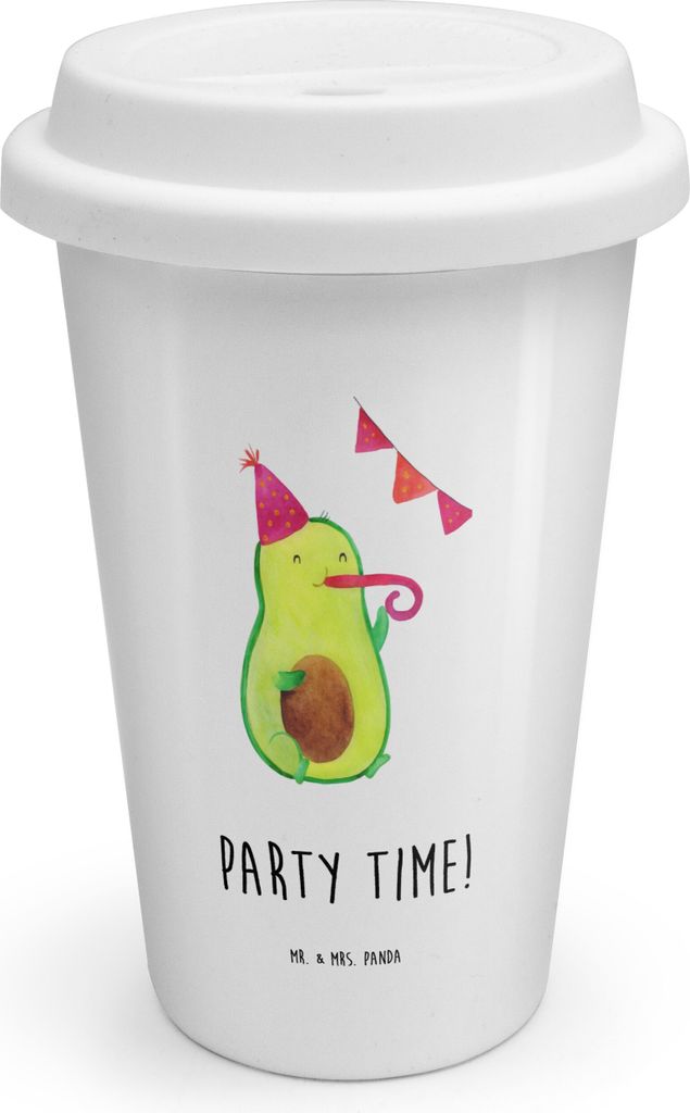 Mr. & Mrs. Panda ToGo Kaffeebecher Avocado Party Zeit - Weiß - Geschenk, Geburtstag, Thermobecher To Go, Coffee Becher, Mehrwegbecher, Genießen, ...