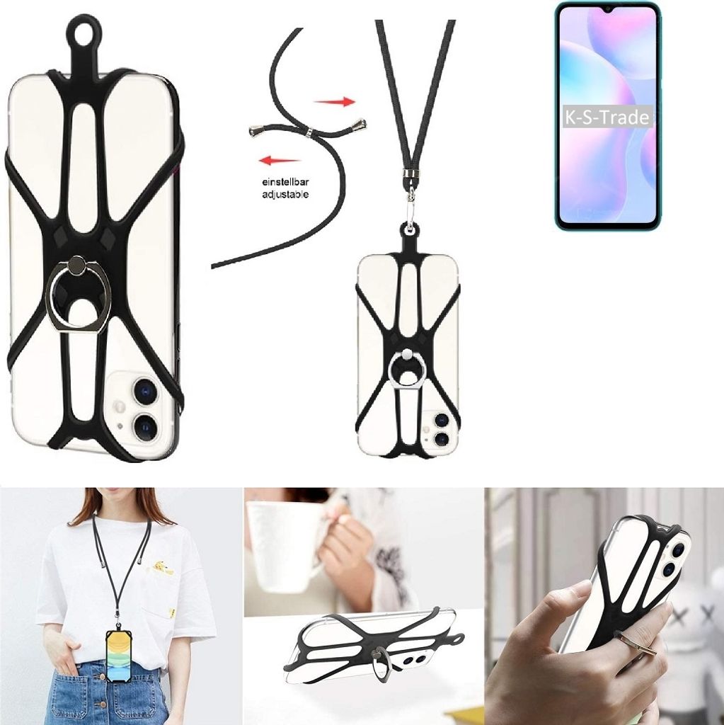K-S-Trade 3in1 Handykette Handyband Handykordel Halsband Smartphone-Ring Handy-Ring kompatibel mit Xiaomi Redmi 9i Sport Fingerhalterung Handyring