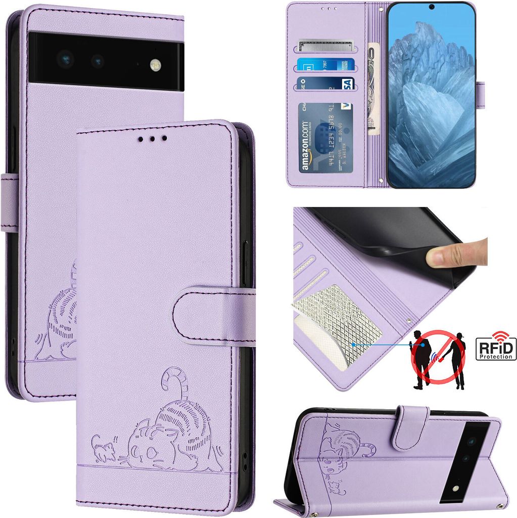 Leder Hülle für Google Pixel 6 Süße Katze Flip Case Brieftasche Schutzhülle mit Standfunktion Lila