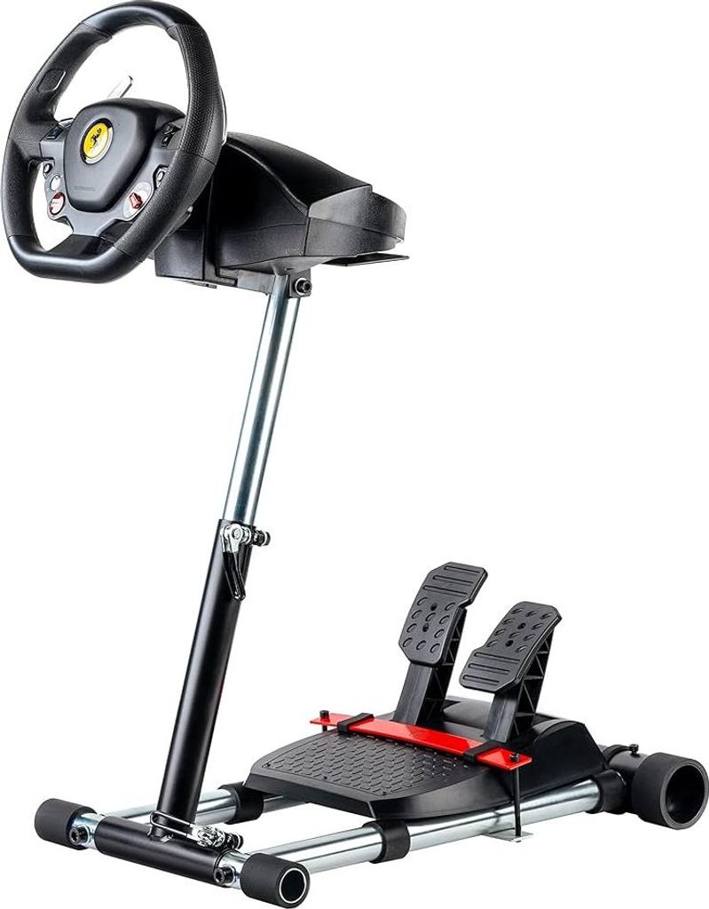 A gaming steering wheel and pedal set on a stand, photographed against a white background.