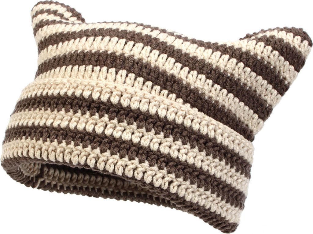 Warme Strickmützen für Herbst und Winter im Freien, süße gestreifte Katzenohrmütze ohne Krempe, verdickte, dehnbare Kopfbedeckung, Wollgarn, g...