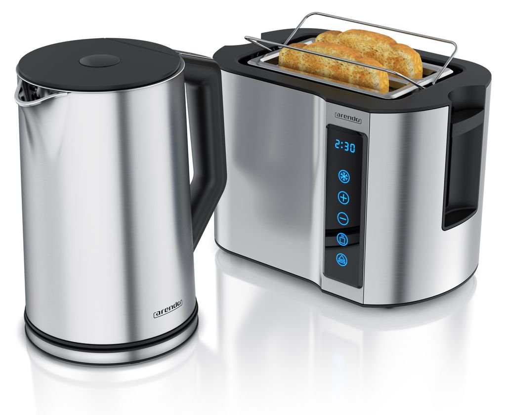 Arendo Frühstücks-Set Edelstahl, Wasserkocher Toaster Set, Wasserkocher mit Temperatureinstellung 1,5l, Toaster 2 Scheiben Kurzschlitz, Brötchen...