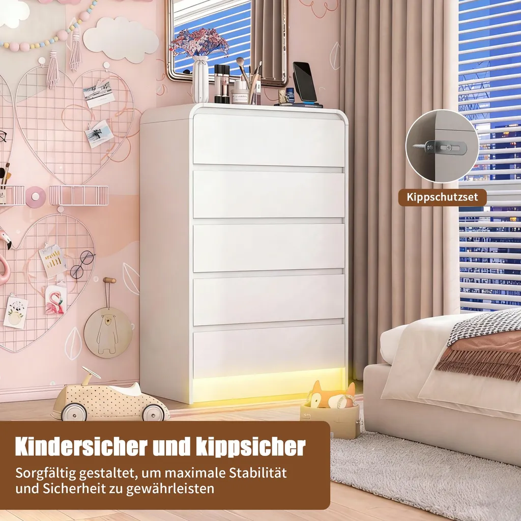 Commode de chambre blanche à 5 tiroirs ProximaX avec éclairage intégré