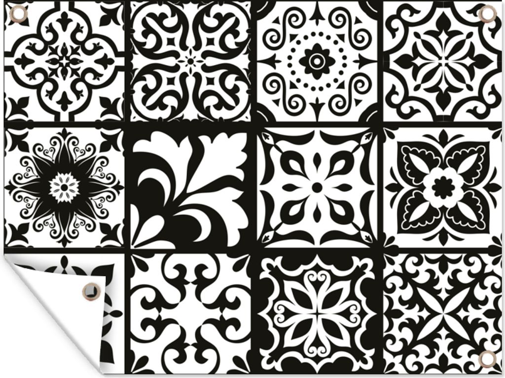 MuchoWow 40x30 cm Outdoor-Poster Gartendeko Sichtschutz Garten Poster für den Garten Muster - Schwarz - Weiß - Blumen - Abstrakt