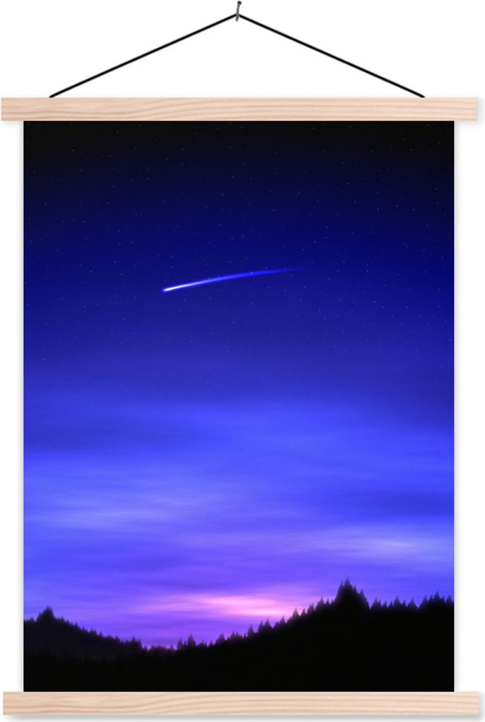 MuchoWow Textilposter Eine Sternschnuppe am lila Himmel 120x160 cm mit holzfarbenen Rahmen - Plakatkarton