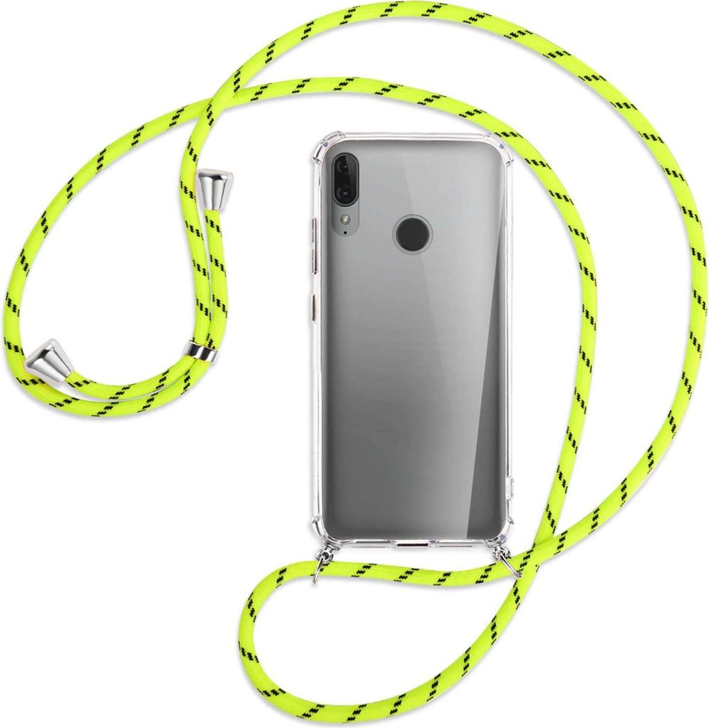 Handykette Backcover-Schutzhülle mit Band (Metall silberfarben) für Motorola Moto E6 Plus - neongelb