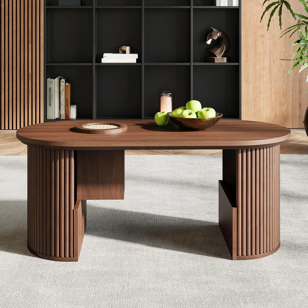Table de salon ovale avec étagères et compartiments effet noyer brun - 2