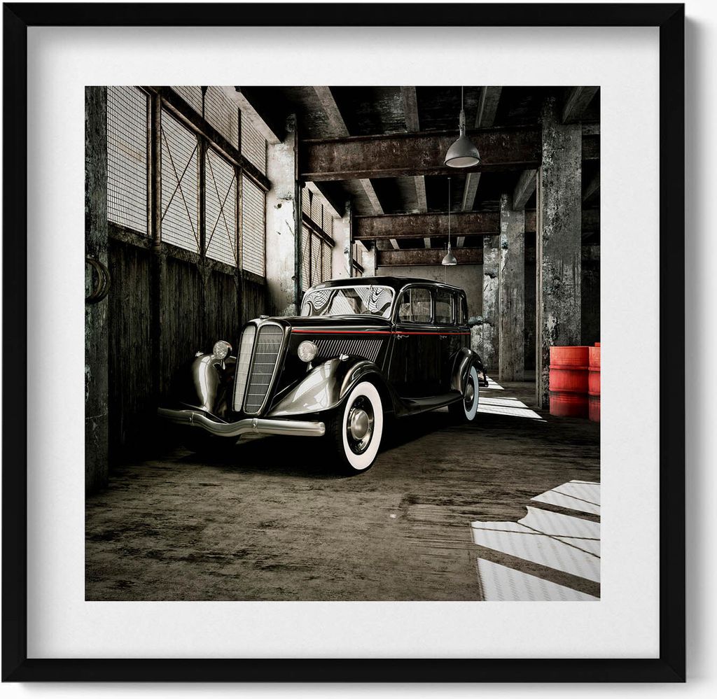 Oldtimer in einer alten Fabrik– Wandbild mit Rahmen – Gerahmtes Bild – Wanddekoration – 50x50 cm – Schwarz Rahmen