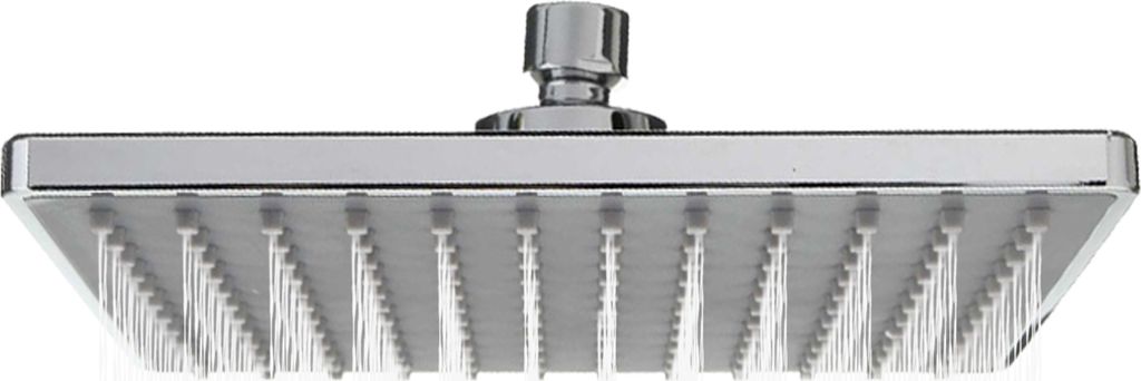 A square chrome shower head with multiple spray nozzles.