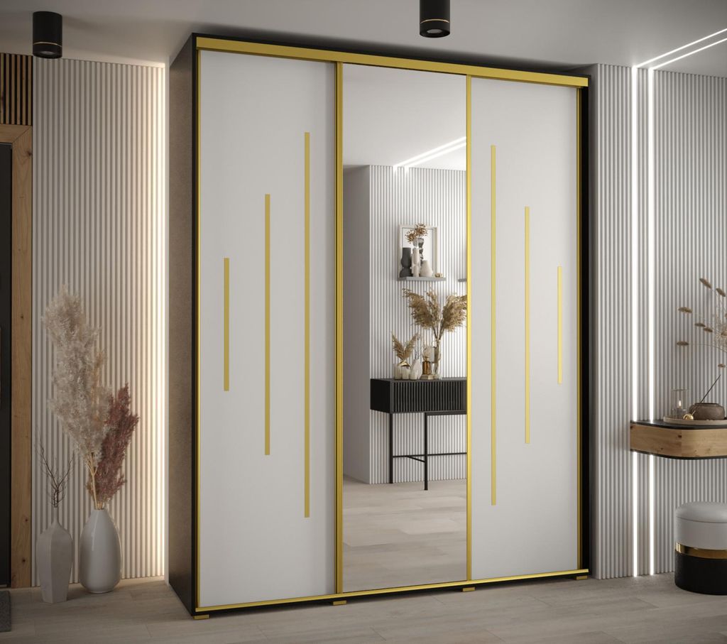 Kleiderschrank YVONA 13 - 200/45 cm, schwarz/weiß/gold