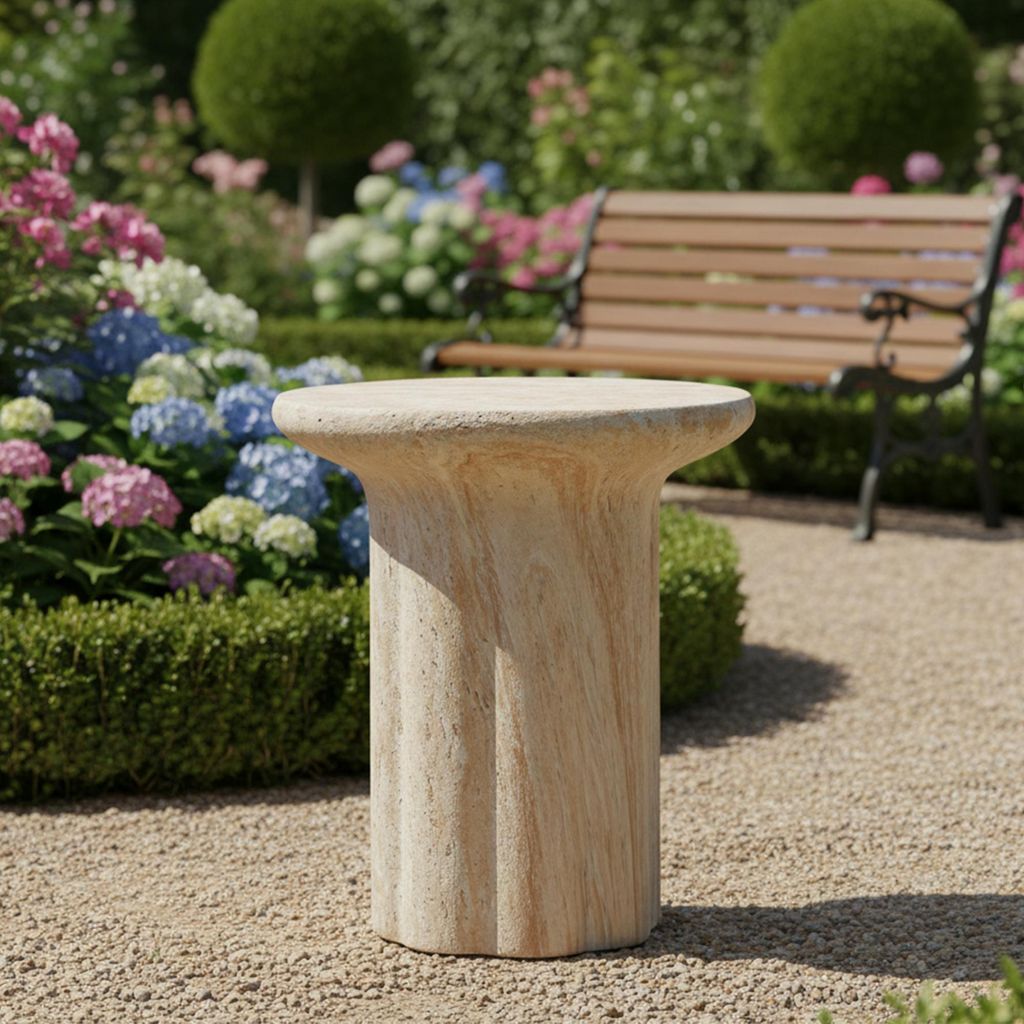 MODFU Outdoor-Beistelltisch modernem Stil Travertinoptik leicht und praktisch für Innen- und Außenbereich geeignet Beige
