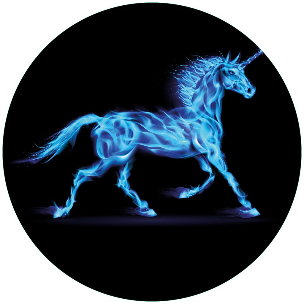 Wallario Premium Glasbild, freischwebende Optik, kräftige Farben, rund 50cm Durchmesser, Motiv Design Einhorn - aus blauen Flammen