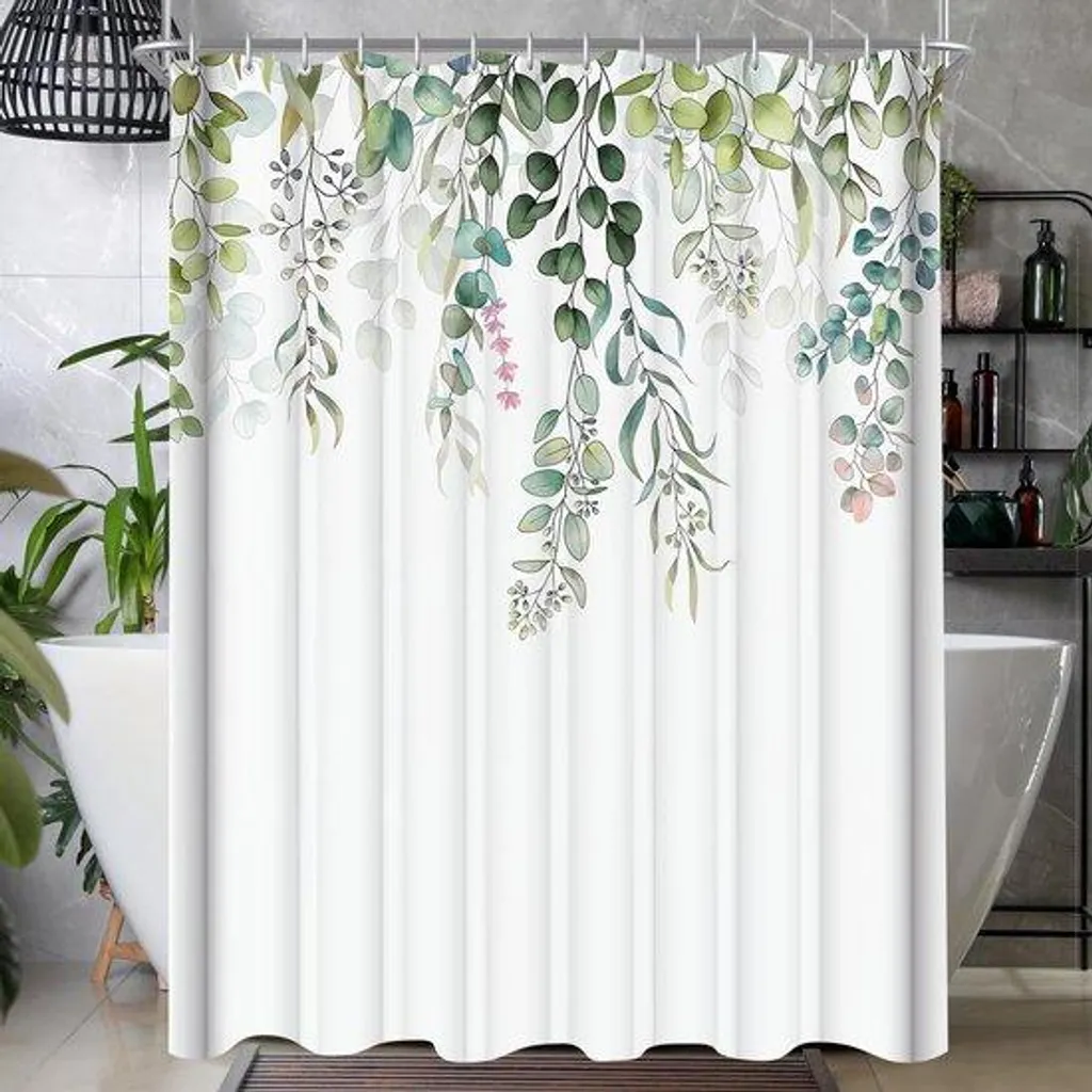 Rideau de douche textile imperméable 120 x 200 cm motif feuillage vert