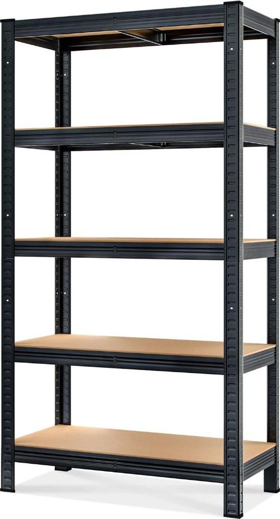A black metal shelving unit with wooden shelves against a white background.