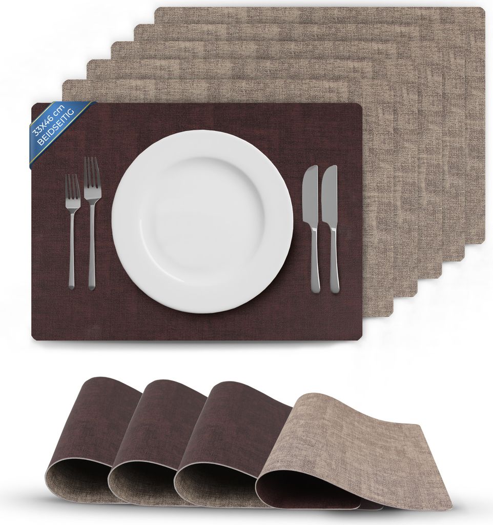 Tischsets Braun/Beige doppelseitig (Struktur) 6er Set 46x33 cm, Tischunterlage Lederoptik, Platzset abwischbar