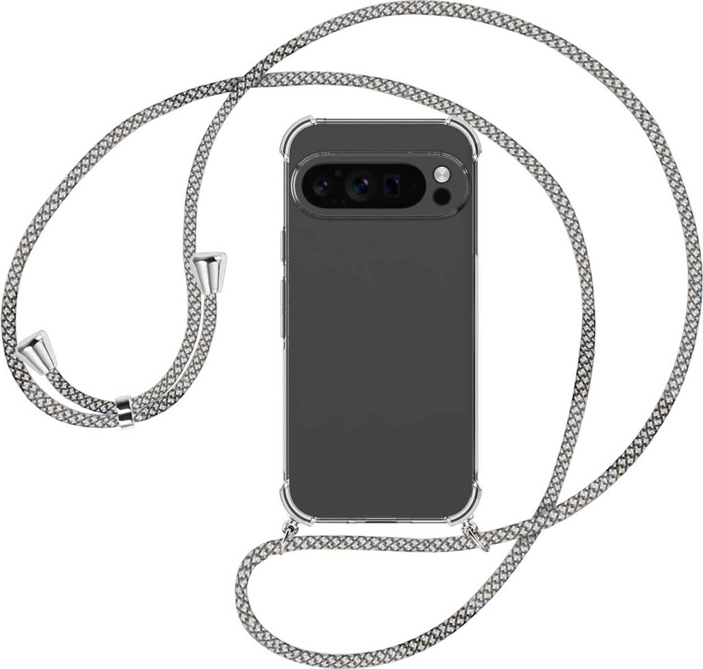 Handykette Backcover-Schutzhülle mit Band (Metall silberfarben) für Google Pixel 9 Pro - weiß/grau kariert