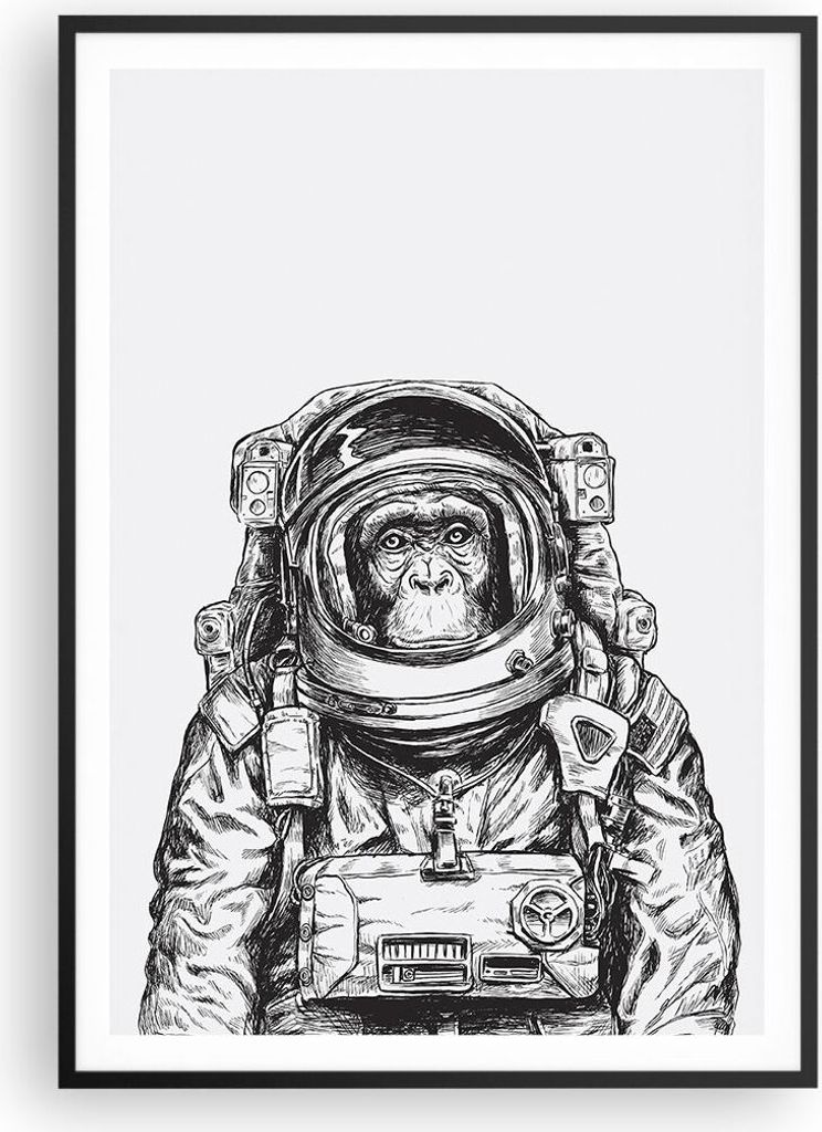 Gerahmtes Poster - Schwarzer Rahmen - Schimpanse Astronaut Zeichnung - 70x100 cm - Wand Bild - Wanddeko - Wandbilder - Wandposter - Bilderrahmen - ...