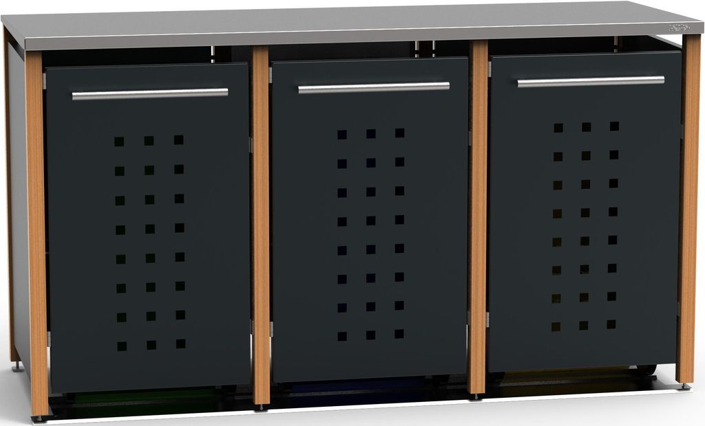 reinkeDESIGN | Müllhäuschen 3x240L | Typ_L | Flachdach, Pfosten aus Lärche, Seiten & Türen in Anthrazit | für Reihenhaus, sehr hochwertig