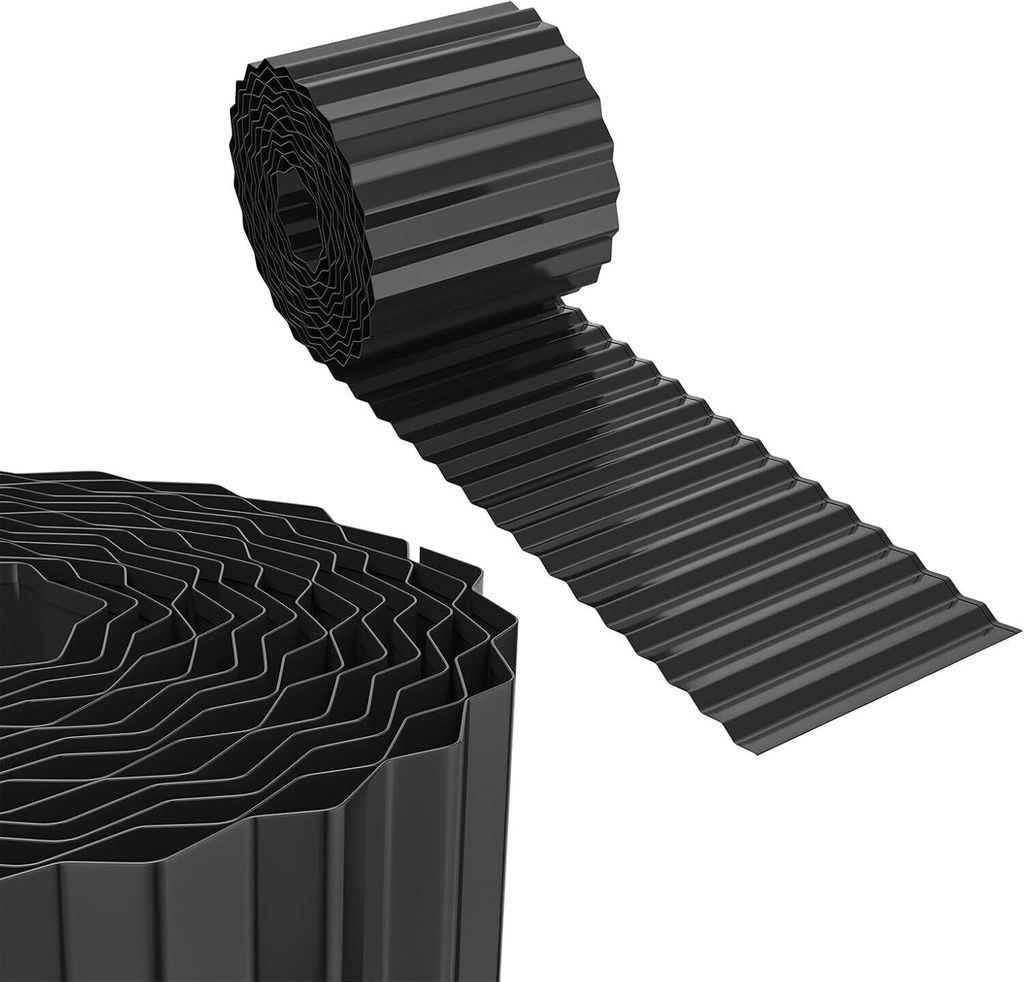 Two rolls of black corrugated metal edging are shown against a white background. One roll is mostly in focus in the foreground, and the other is in the midground, unrolling.