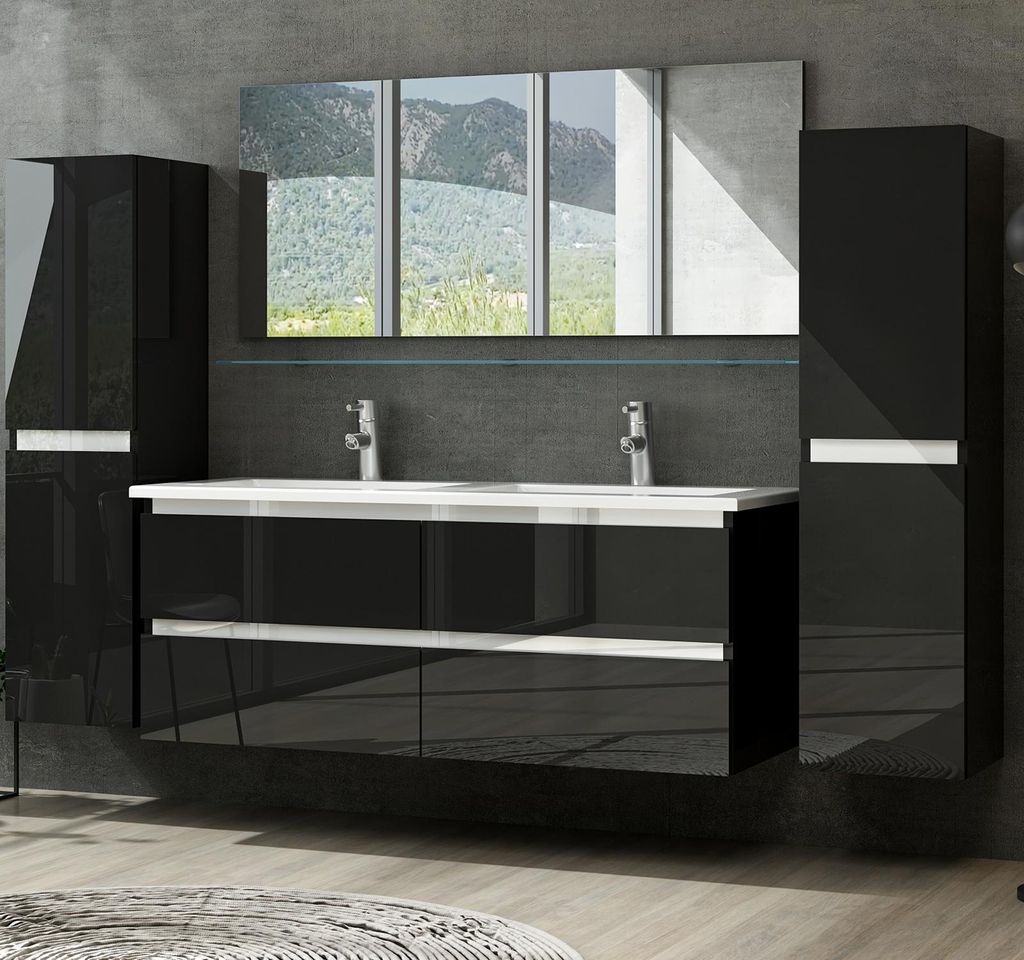 120 cm Badmöbel Set Schwarz Hochglanz Doppel Waschbecken Badezimmermöbel 120 cm 2x Hochschrank 1x Spiegel 1x Waschbecken Unterschrank 1x Keramik