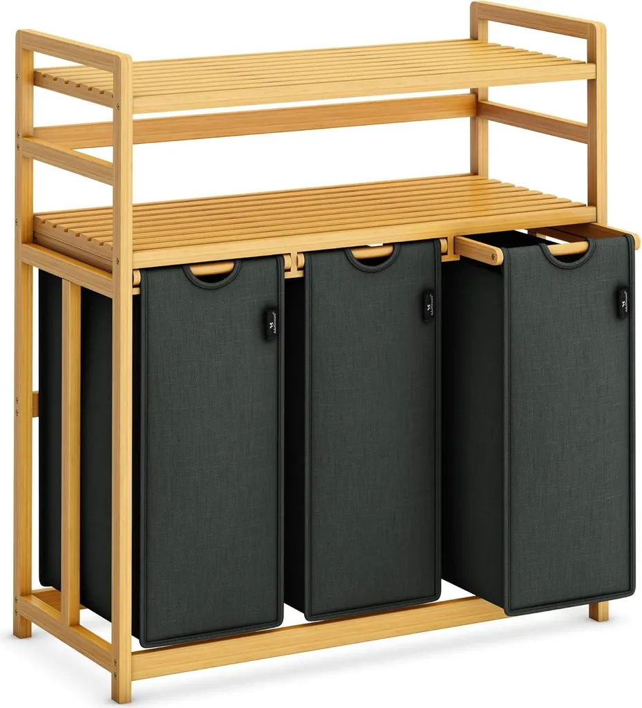 Panier à linge pour famille avec tri intégré - Bambou naturel 150L noir