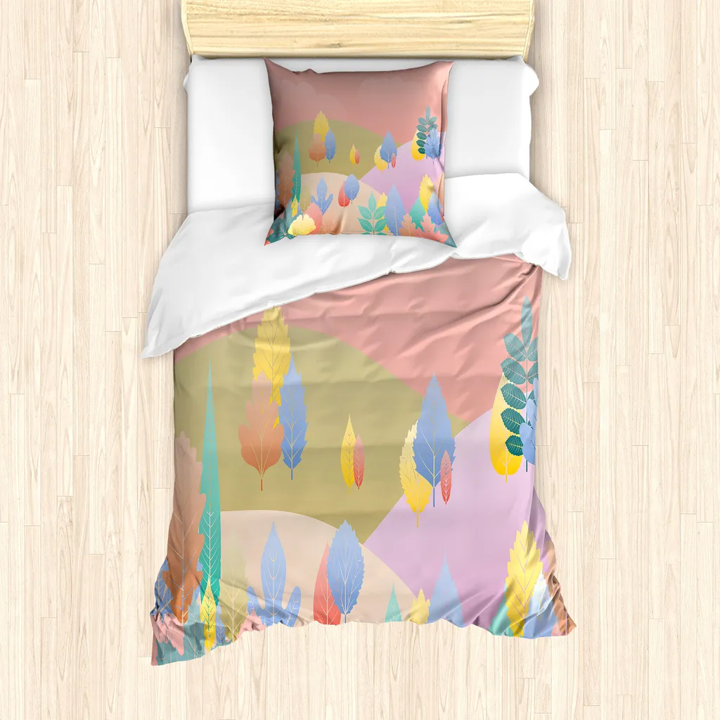 ABAKUHAUS Set copripiumino in colore naturale per letti singoli, foglie autunnali pastello, antiacaro, adatto a chi soffre di allergie, con federa, 135 cm x 200 cm - 80 x 80 cm, Blush Multicolor