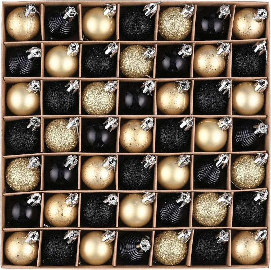 Lot de 49 Boules de Noël de 3cm Décorations Noir et Or pour Petit Sapin