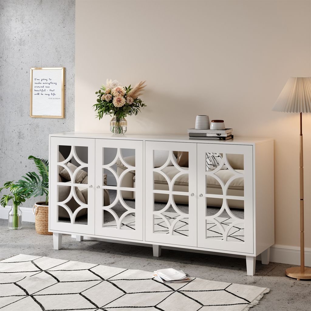 Aunvla Witte zijkast in landhuisstijl met vier deuren, afmetingen 160x40x85 cm, twee in hoogte verstelbare legplanken - Ideaal als opbergkast, keukenkast of dressoir