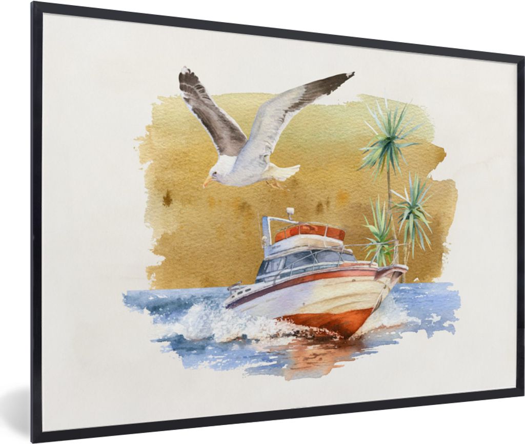 MuchoWow MuchoWow Gerahmtes Poster Boot - Vogel - Aquarell 90x60 cm - Poster mit zchwarzem Bilderrahmen - Fotorahmen - Foto-Plakat