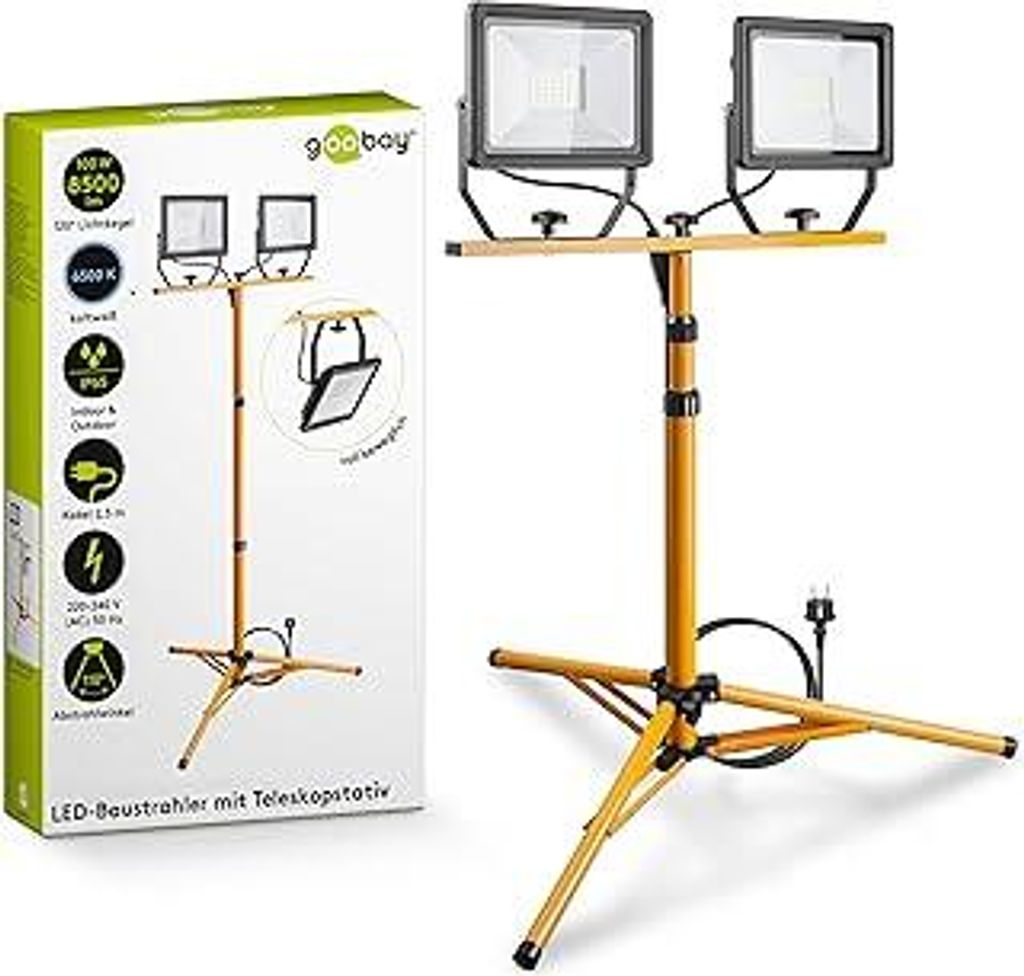 Goobay 2 x 50W Baustrahler LED mit Stativ einstellbar und 2,5m Kabel für Baustelle, Werkstatt oder Keller - IP65 Baulampe LED für Innen- & Außen...