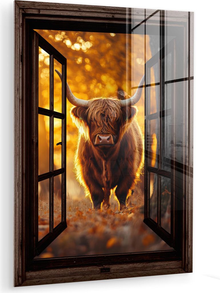 MuchoWow Glasbilder - Bilder auf Wandbild - Foto auf Glas Schottische Hochlandrind - Wald - Herbst - Tiere - Natur - Blätter - Durchblicken 60x80 ...