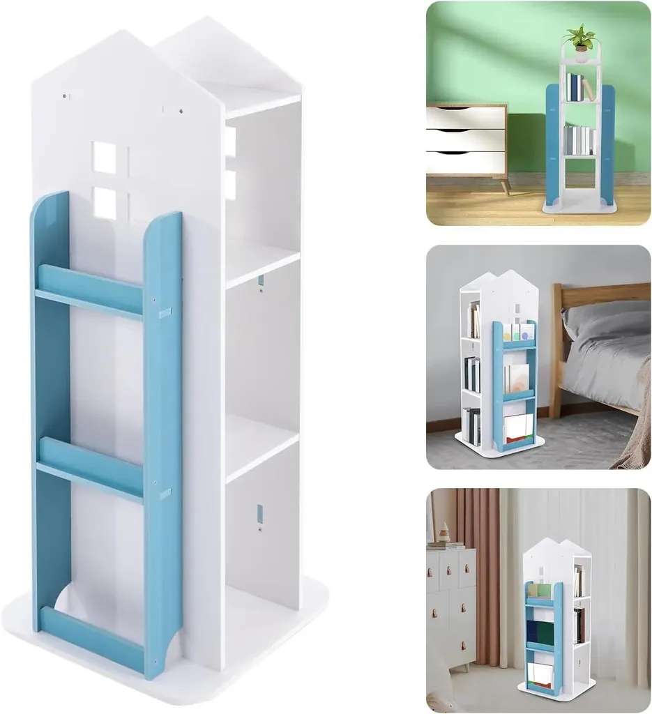 Étagère de rangement rotative 360° en bois bleu pour salon et bureau