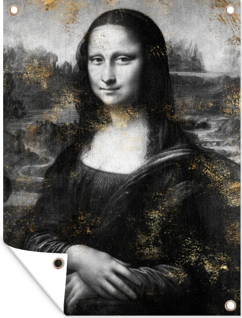 MuchoWow 90x120 cm Outdoor-Poster Gartendeko Sichtschutz Garten Poster für den Garten Mona Lisa - Leonardo da Vinci - Gold