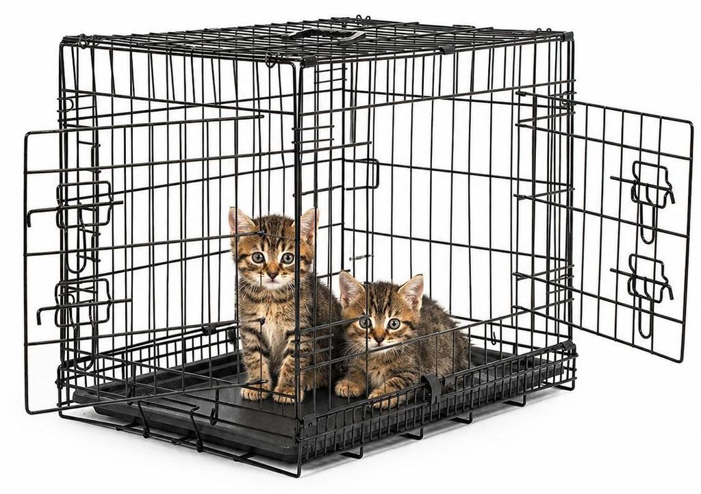 lionto Transportkäfig für Katzen aus Metall, stabil & klappbar mit Trennwand & Kunststoffbodenwanne, 61x44x51 cm