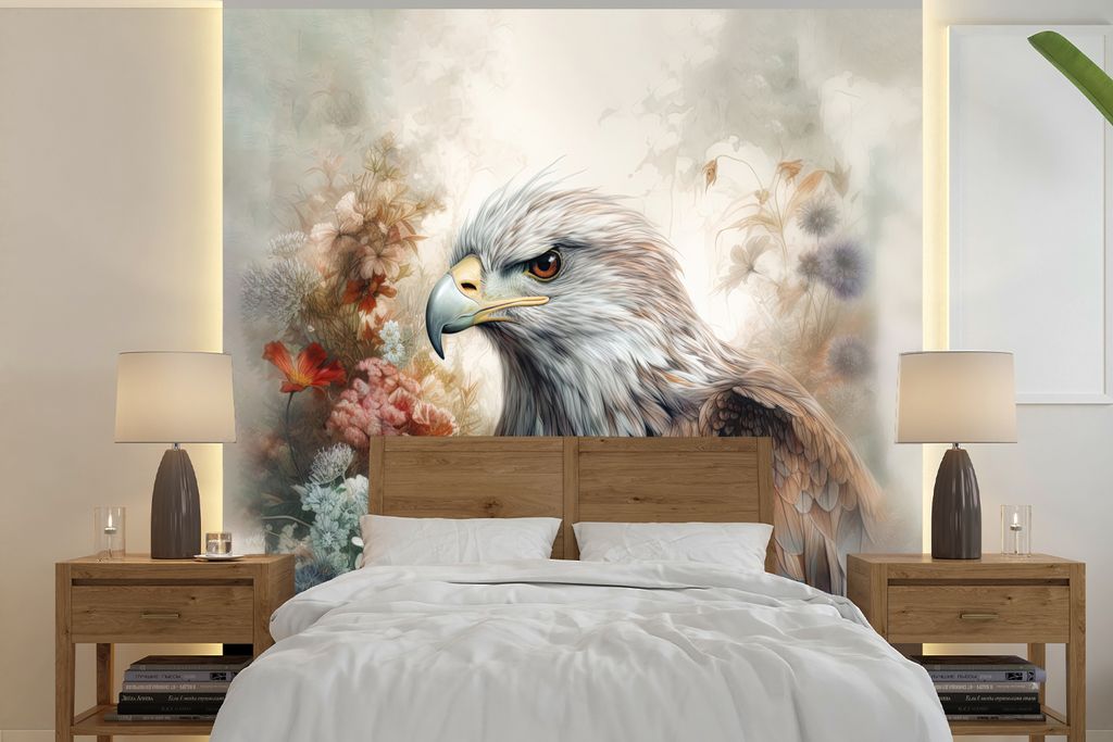 MuchoWow Fototapete für Wohnzimmer oder Schlafzimmer Wandtapete Vinyl Motivtapete Adler - Adler - Vogel - Blumen - Natur - 350x350 cm - Schlafzi...