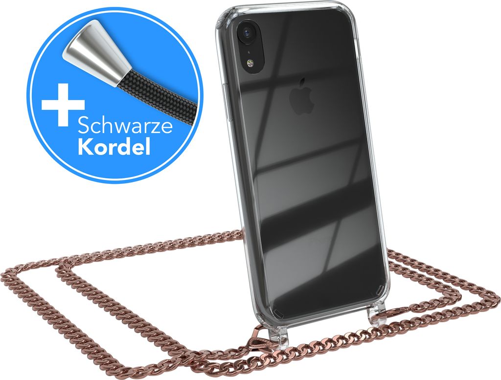 EAZY CASE Metall Handykette für Apple iPhone XR, Handyhülle mit Umhängeband, Silikonhülle, Metallkette für Smartphone in Rosa