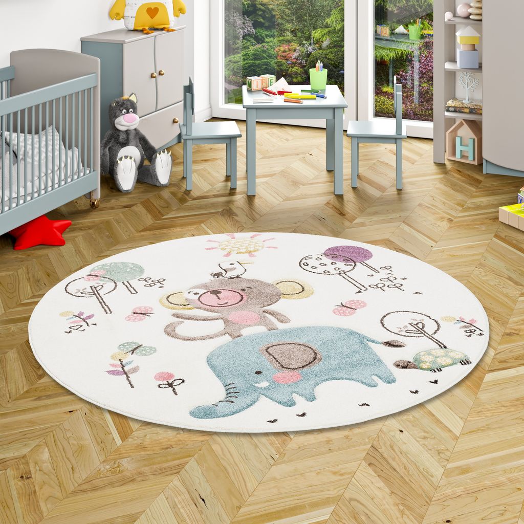 Kinder Teppich Maui Kids Lustige Tiere Creme Bunt Rund, Größe:120 cm Rund