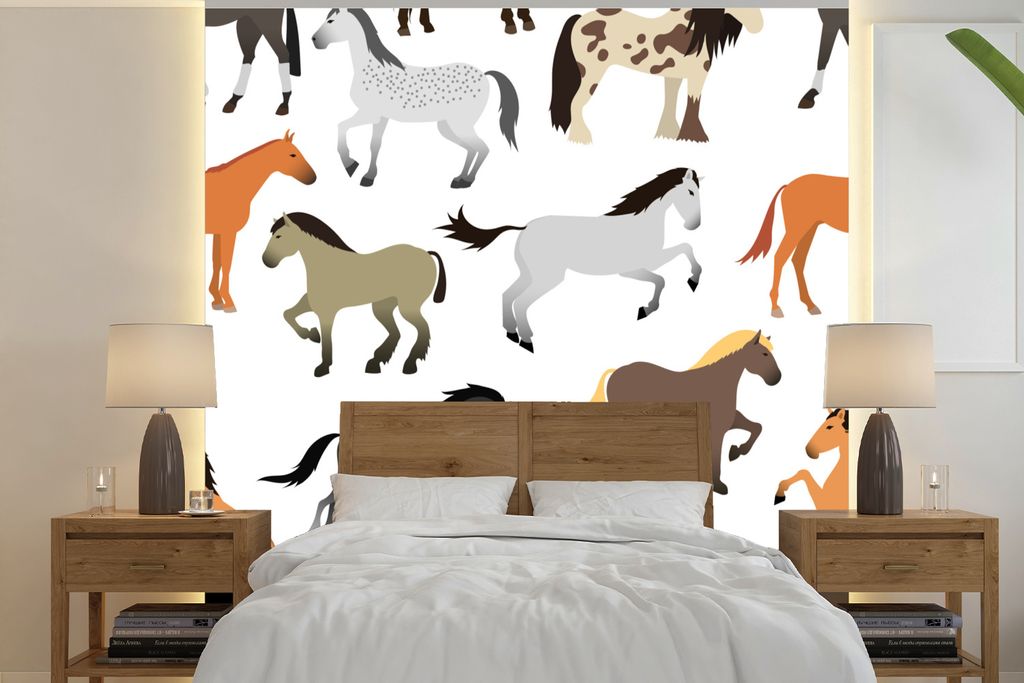 MuchoWow Fototapete für Wohnzimmer oder Schlafzimmer Wandtapete Vinyl Motivtapete Pferde - Weiß - Muster - Mädchen - Kinder - Mädchen - 280x2...