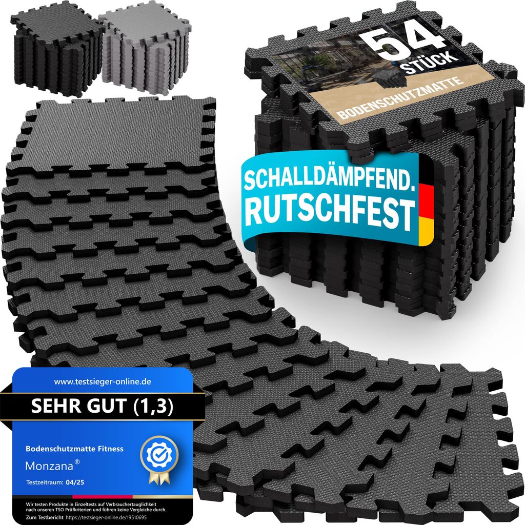 MONZANA 54x Bodenschutzmatten Fitness & Pool mit Randstücken 30 x 30 cm 4,6 qm rutschfest Eva-Schaumstoff Puzzlematte Trainingsmatten Fitnessger...