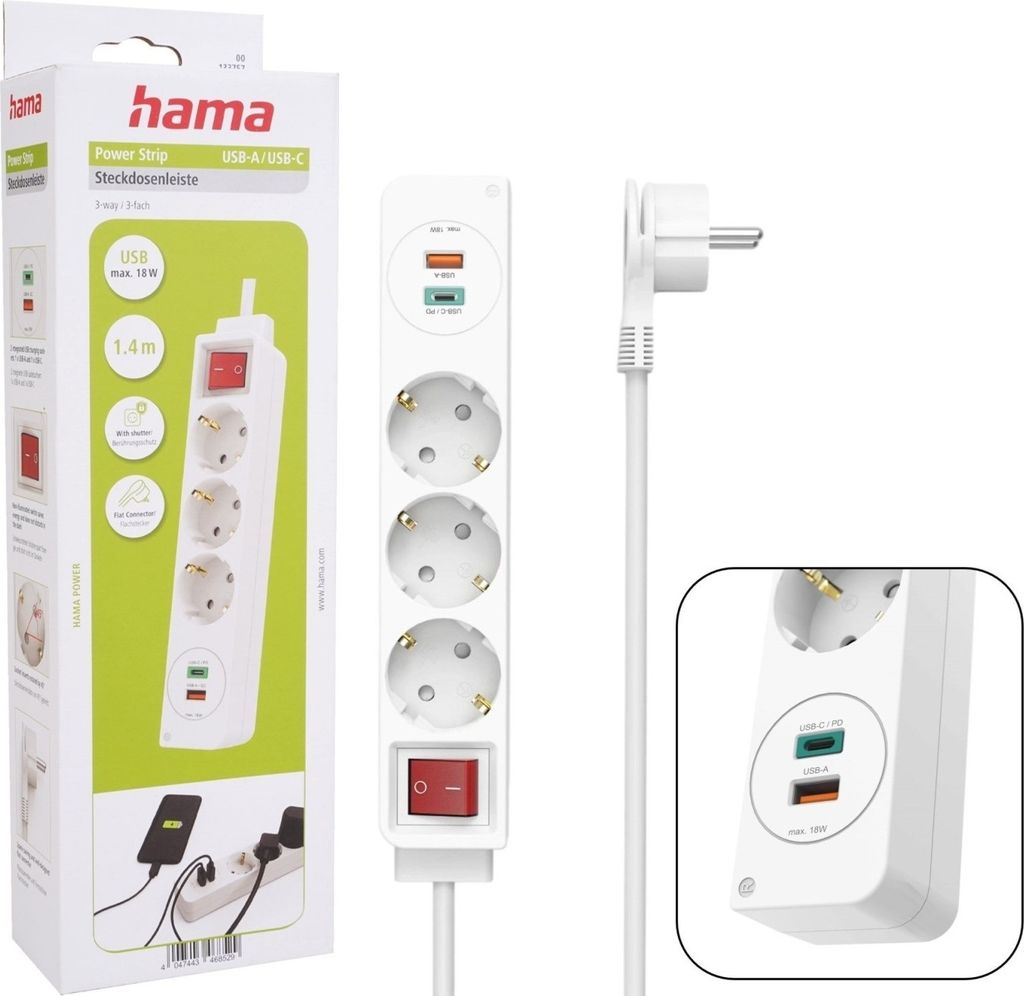 Hama 00133757, Vnitřní, Bílá, 3 AC zásuvky / AC zásuvek, 18 Obrázek produktu 