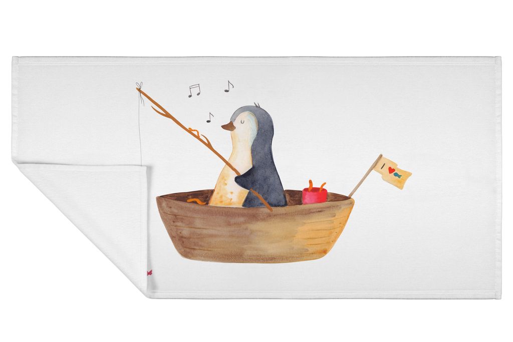 Mr. & Mrs. Panda Handtuch Pinguin Angelboot - Weiß - Geschenk, 50x100, frottierhandtuch, Flauschtuch, Optimistisch, Genießen, Angeln, gesichtstuc...