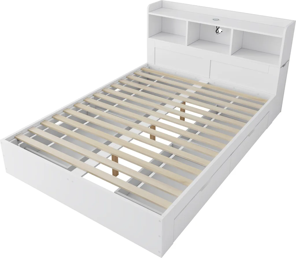 Lit avec rangement 140x200 cm et ports de charge USB blancs - 9