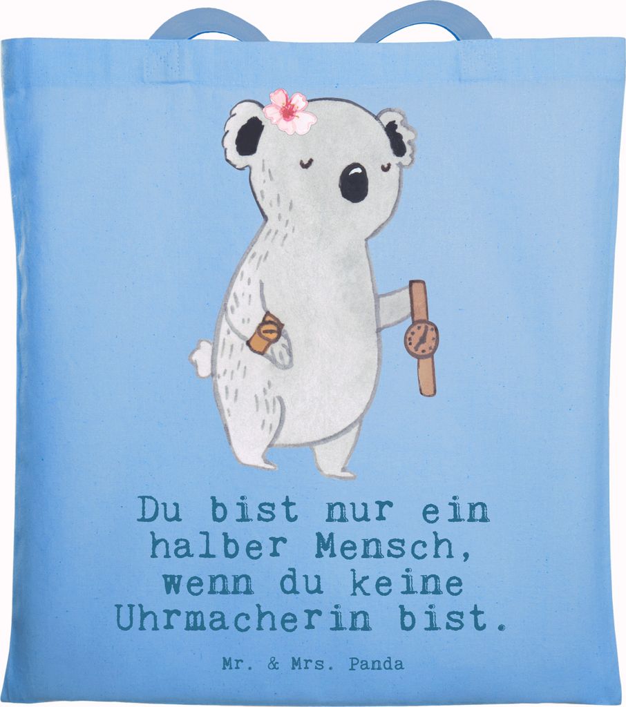 Mr. & Mrs. Panda Tote Bag Uhrmacherin Herz - Sky Blue - Geschenk, Tasche, canvas, Schultasche, festival, Einkaufstasche