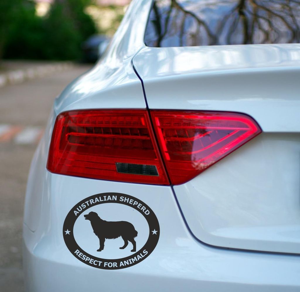 KFZ-Aufkleber - Autoaufkleber - Hunde im Oval "Australian Sheperd - Respect for Animals" - Tier - Haustier - Hundefan - Hunderasse