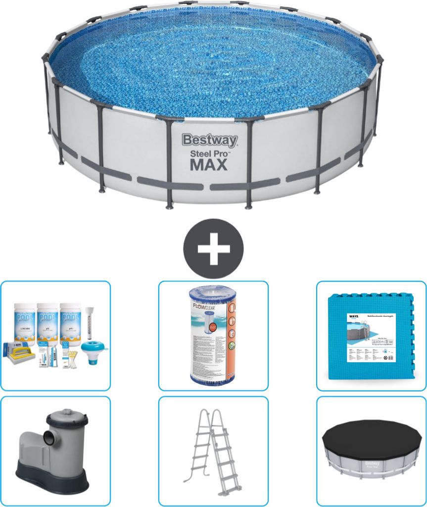 Bestway Round Steel Pro MAX Schwimmbad – 488 x 122 cm – Grau – inklusive Pumpe – Leiter – Abdeckung Wartungspaket - Filter - Bodenfliesen