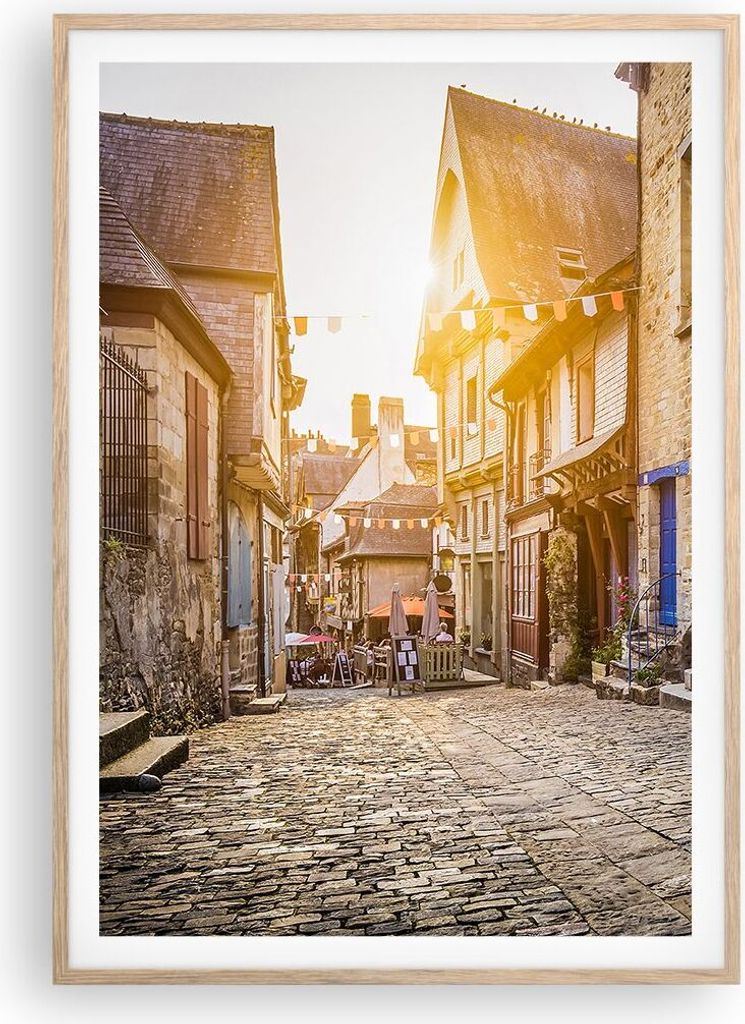 Gerahmtes Poster - Rahmen in heller Eiche - stadt straße katze - 70x100 cm - Wand Bild - Wanddeko - Wandbilder - Wandposter - Bilderrahmen - Bilde...