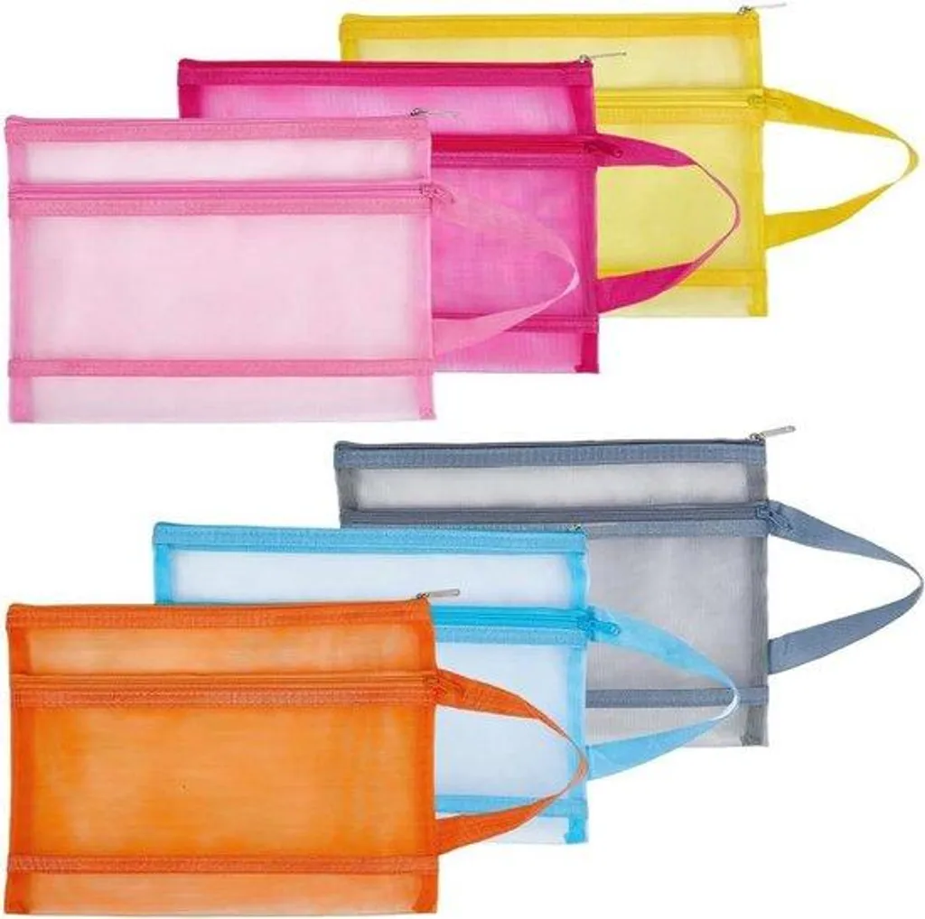 Lot de 6 sacs en filet A4 en nylon double épaisseur multi-couleurs